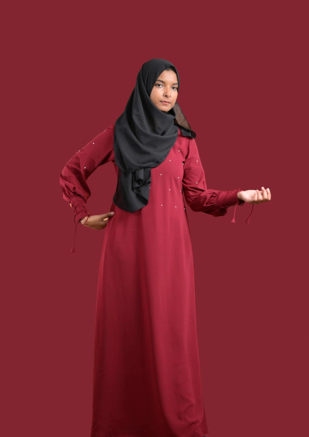 baraqah female red color modest fashion abaya for girls 