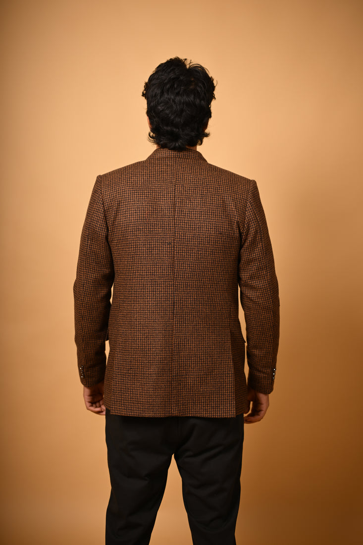 Coffee Brown Houndstooth Woollen  Blazer