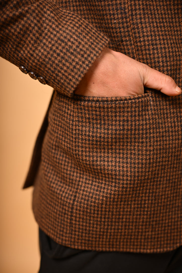 Coffee Brown Houndstooth Woollen  Blazer