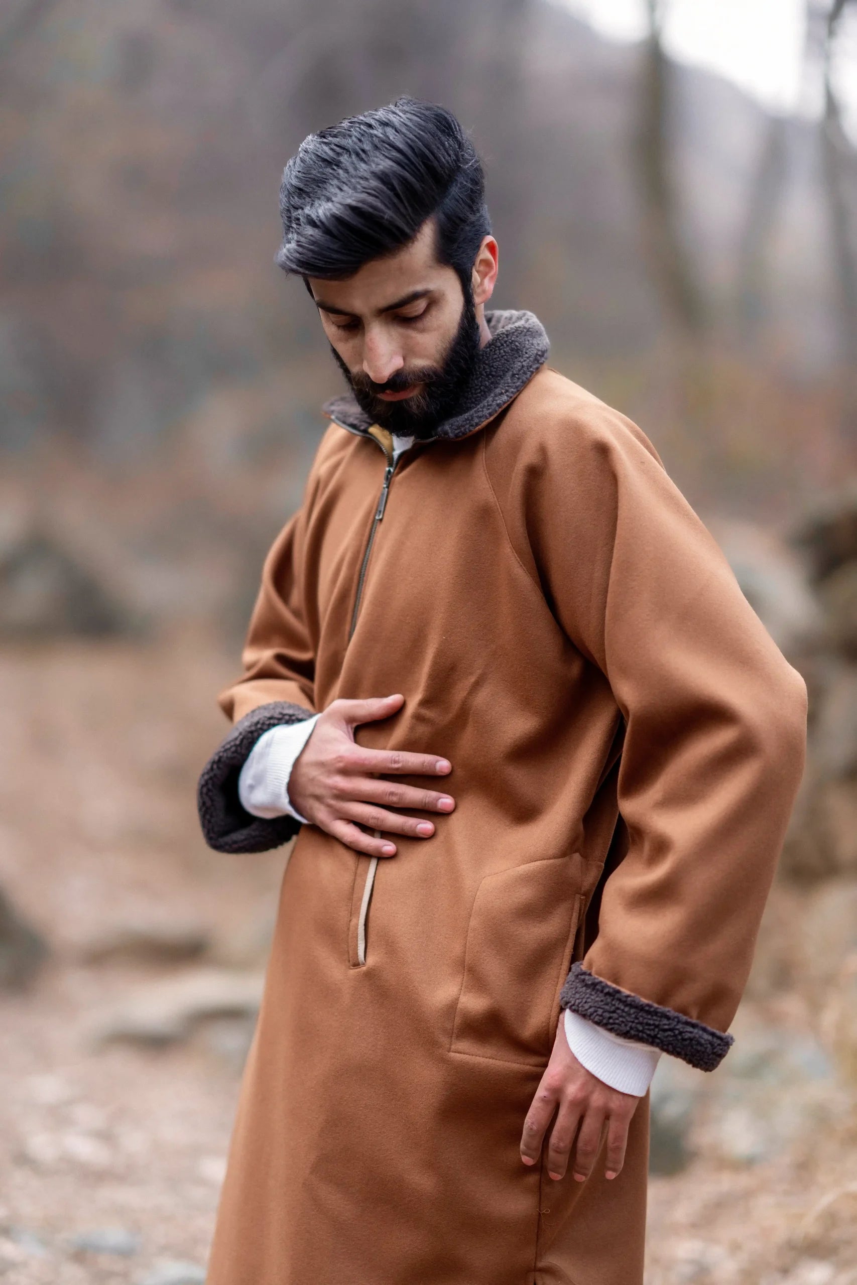 Ochre Mustard Fleece Closed Overcoat | Not A Pheran