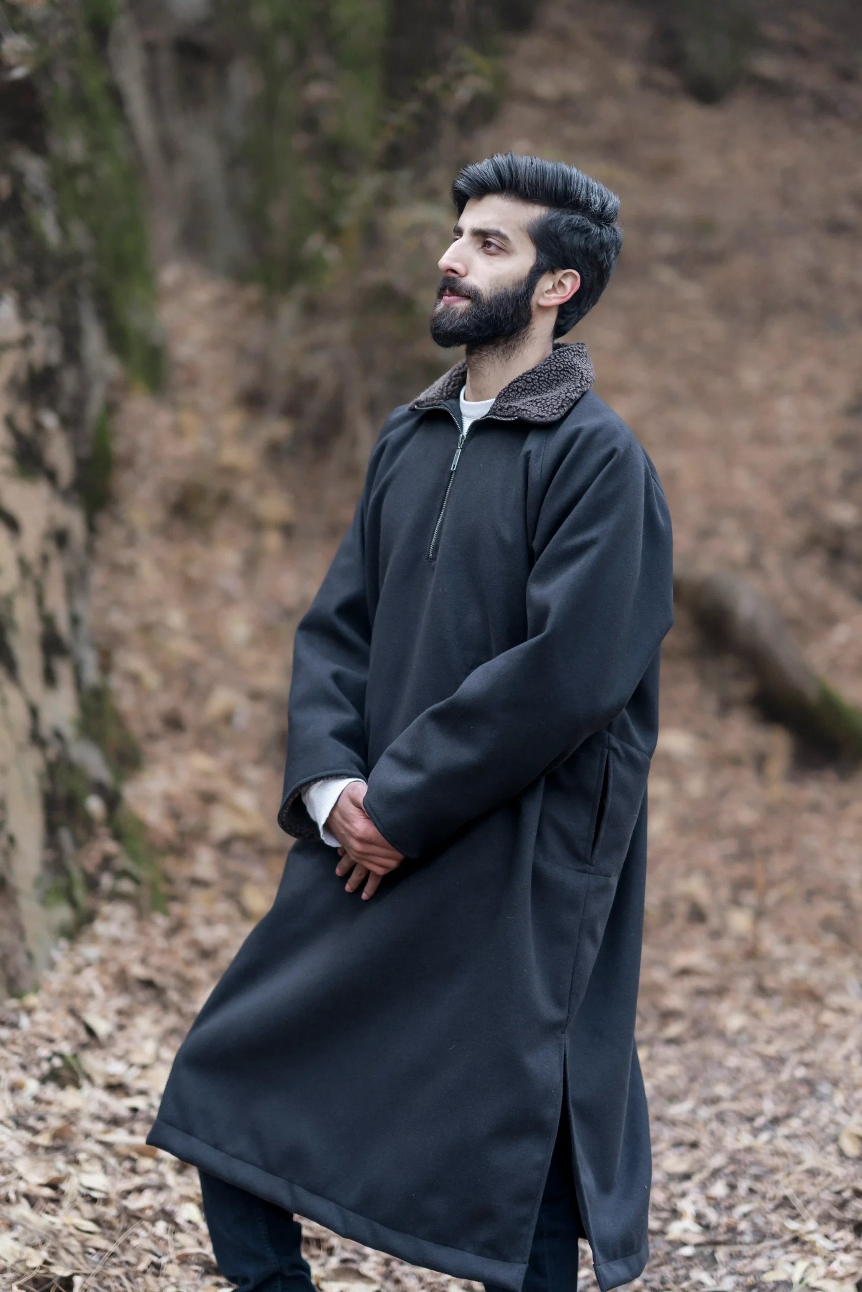 Onyx Black Fleece Closed Overcoat | Not A Pheran