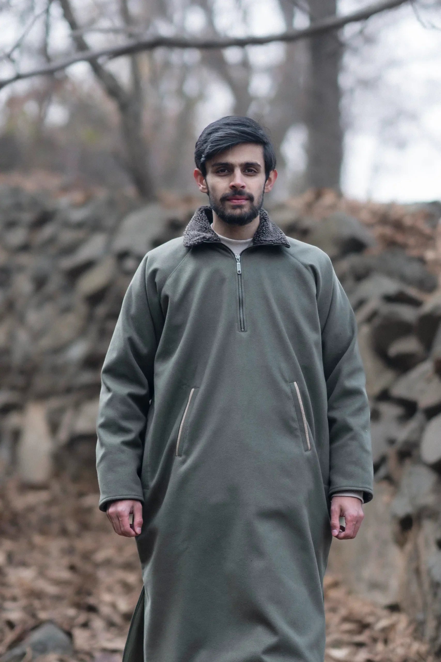 Muted Olive Fleece Closed Overcoat | Not A Pheran