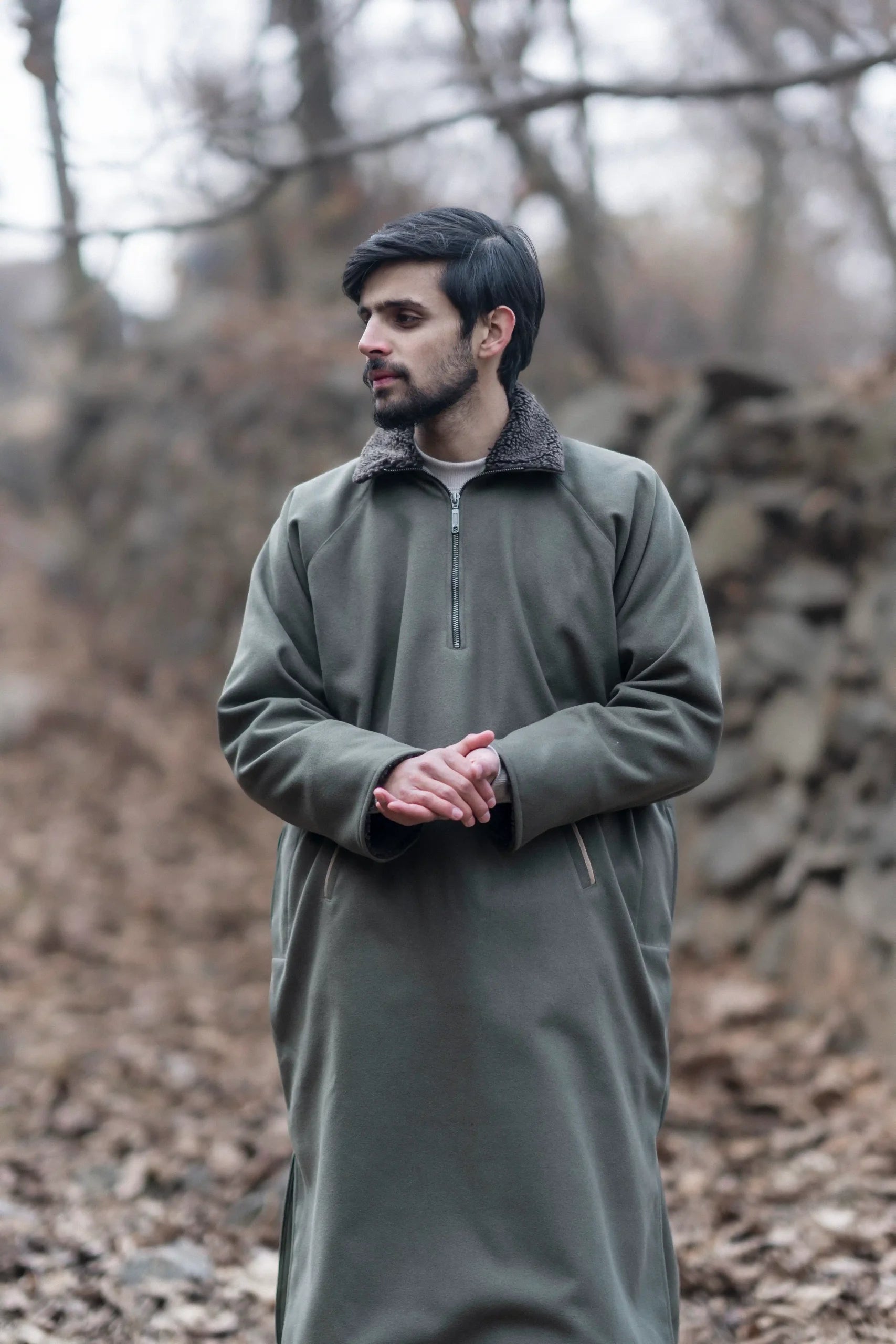 Muted Olive Fleece Closed Overcoat | Not A Pheran