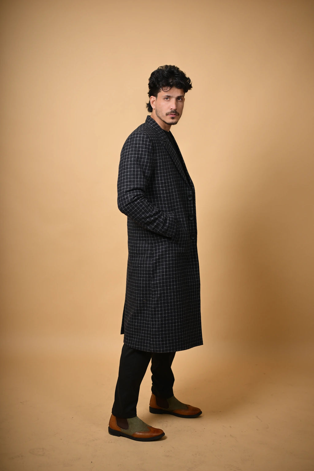 Black With Micro Check  Woollen Overcoat