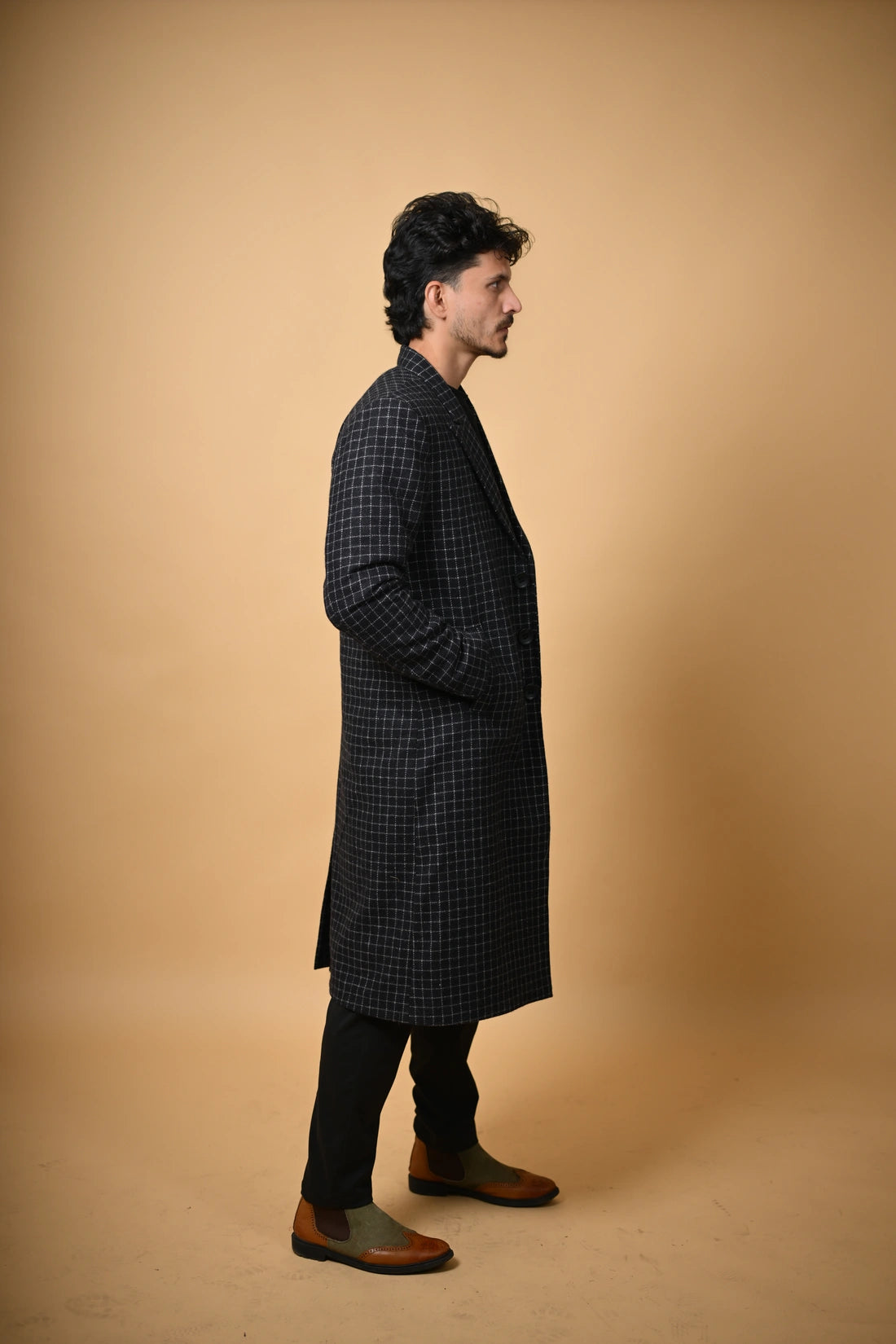Black With Micro Check  Woollen Overcoat