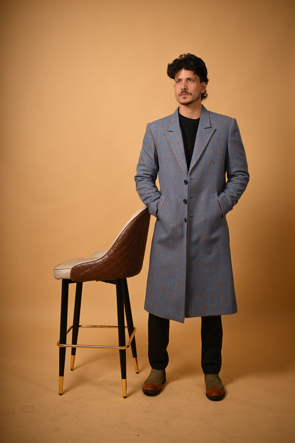 baraqah blue check winter overcoat for men