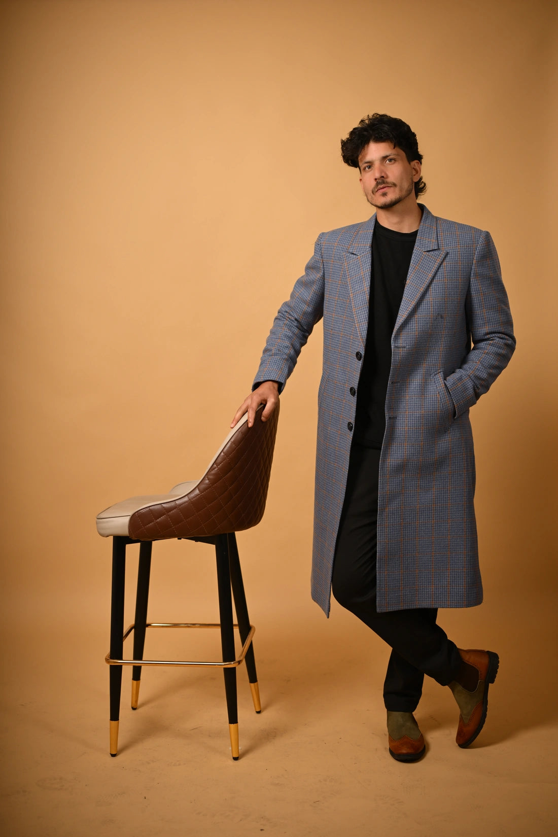 Dusty Blue With Tan Houndstooth Woollen  Overcoat
