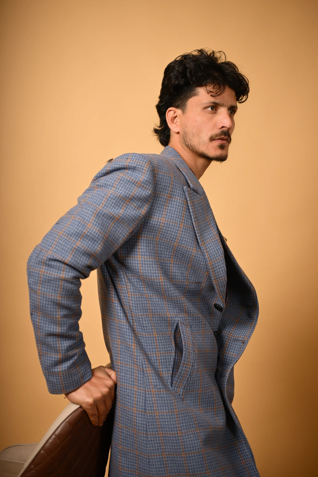 Dusty Blue With Tan Houndstooth Woollen  Overcoat