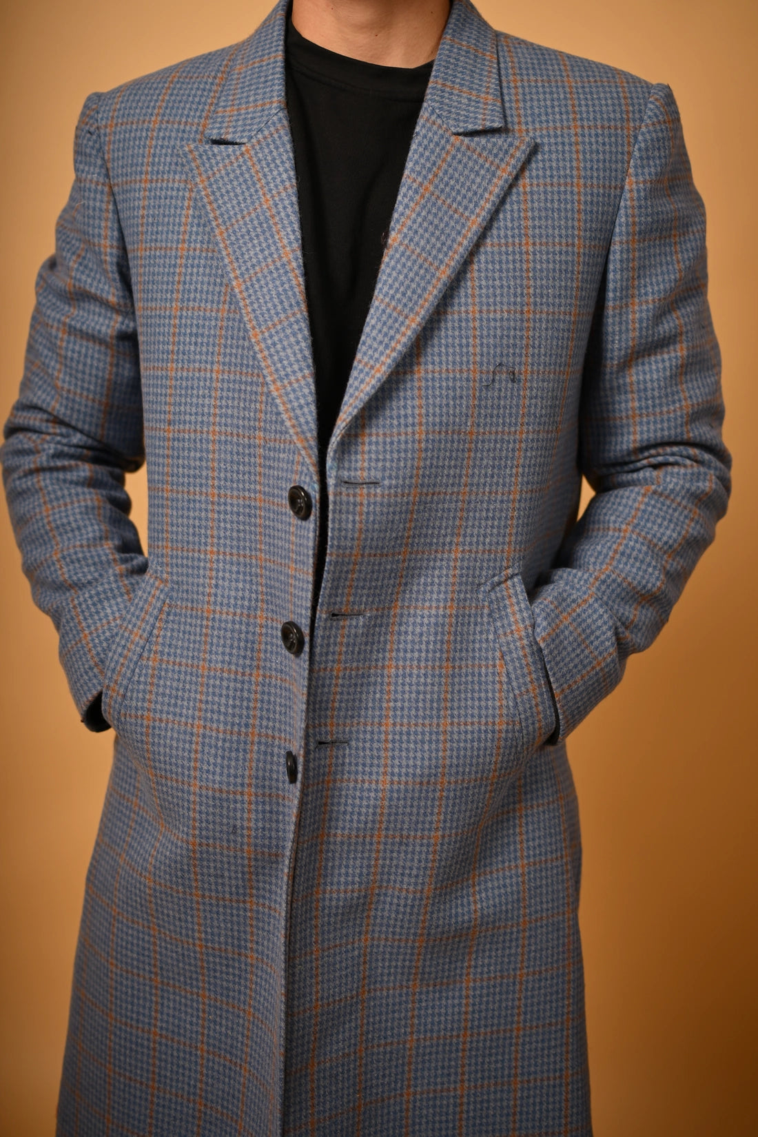 Dusty Blue With Tan Houndstooth Woollen  Overcoat
