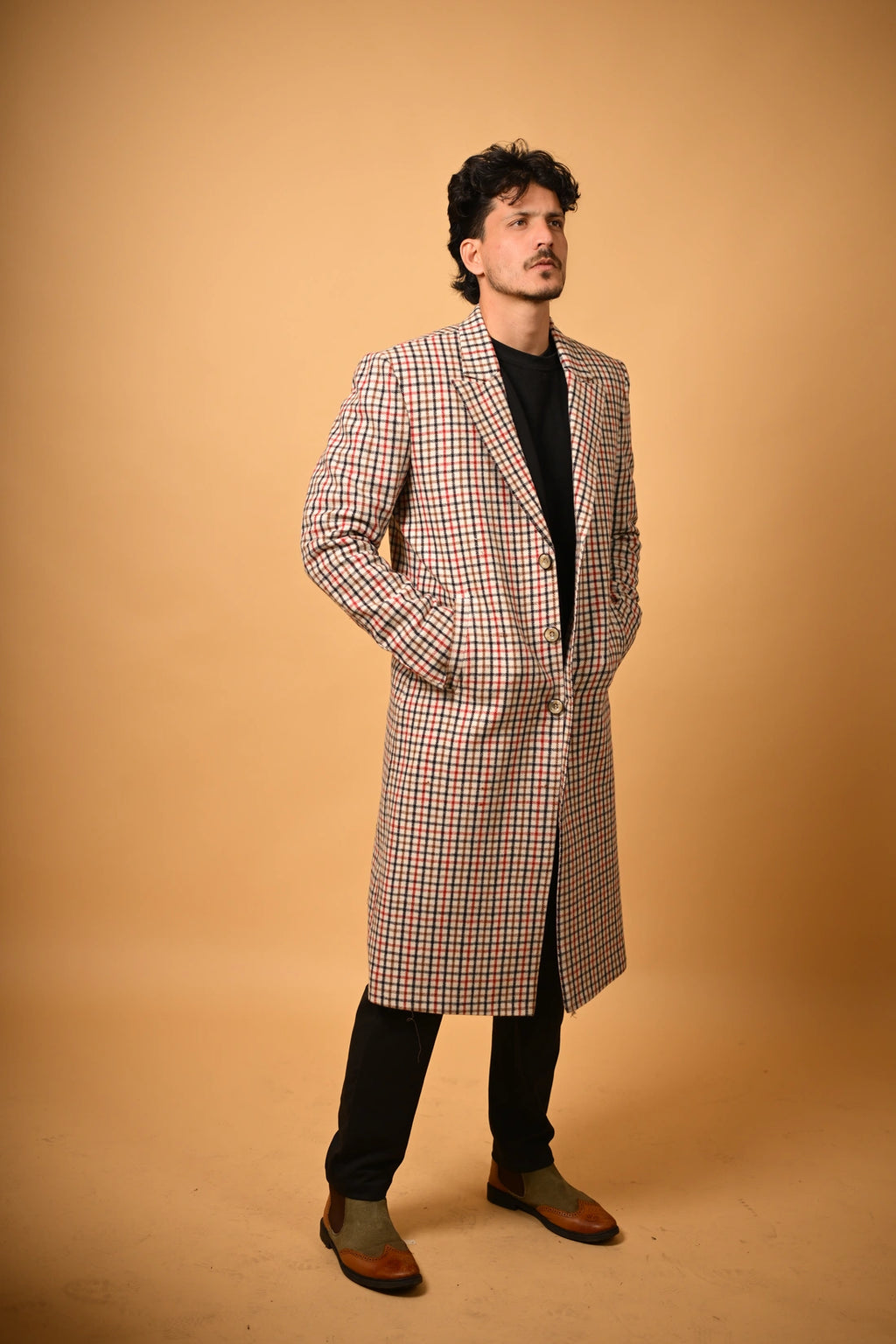 Cream Base with Red & Black Checks Woollen  Overcoat