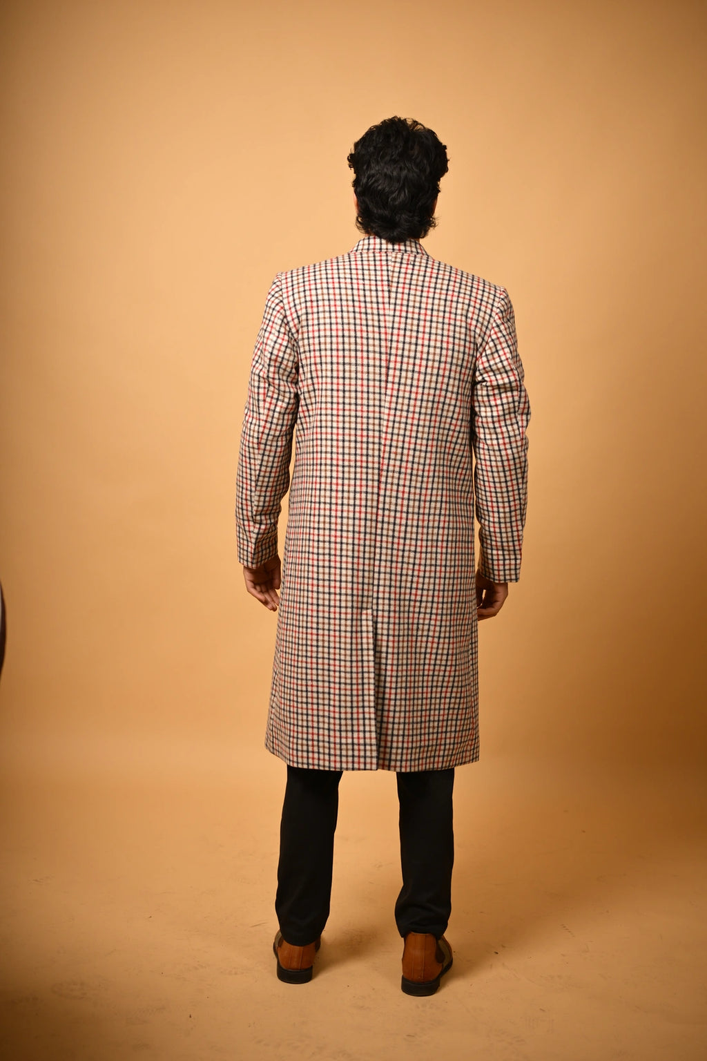 Cream Base with Red & Black Checks Woollen  Overcoat