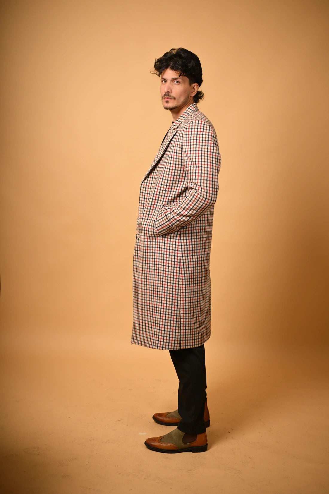 Cream Base with Red & Black Checks Woollen  Overcoat