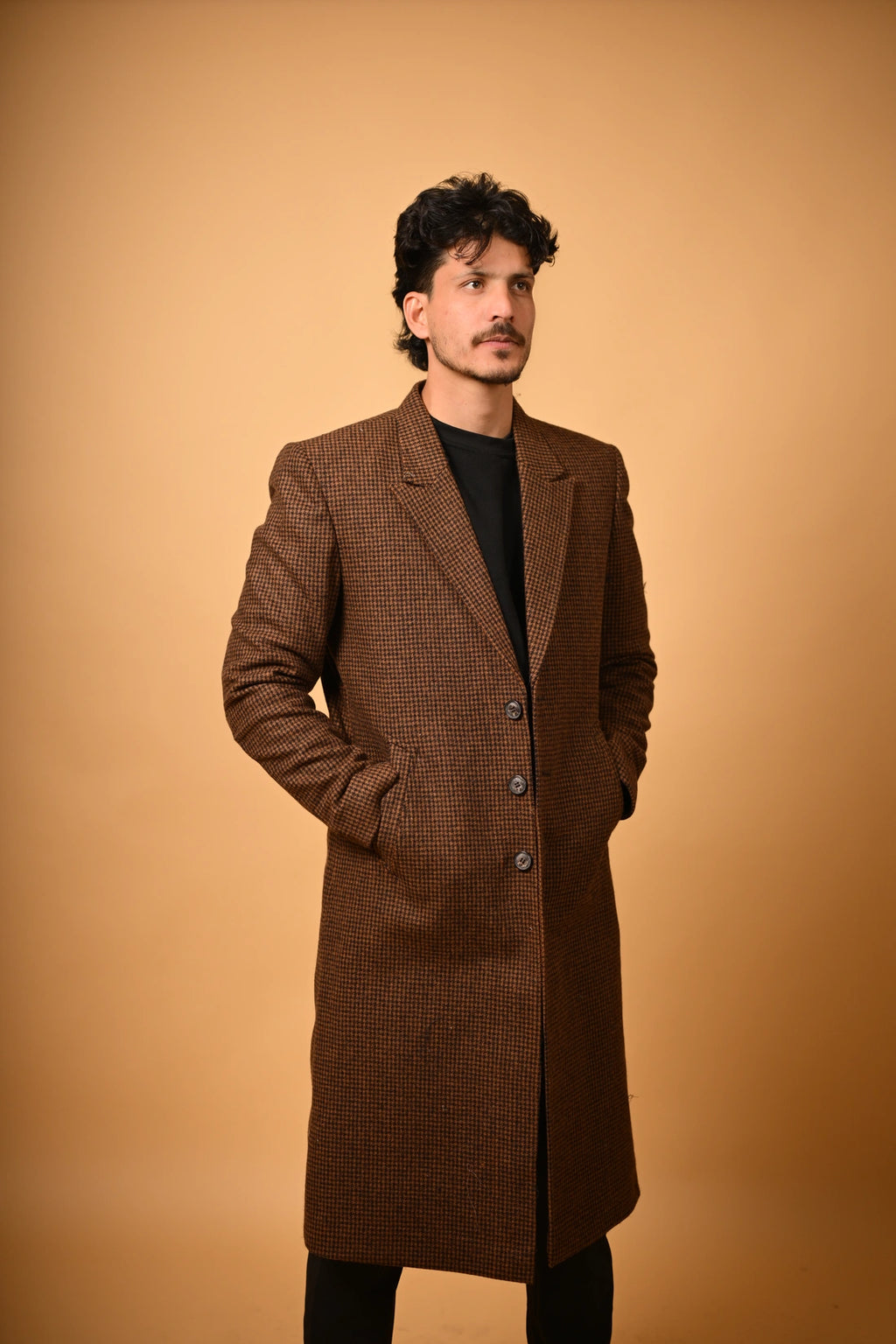 Coffee Brown Houndstooth Woollen Overcoat