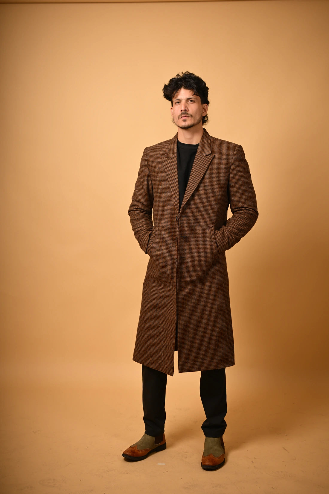 Coffee Brown Houndstooth Woollen Overcoat