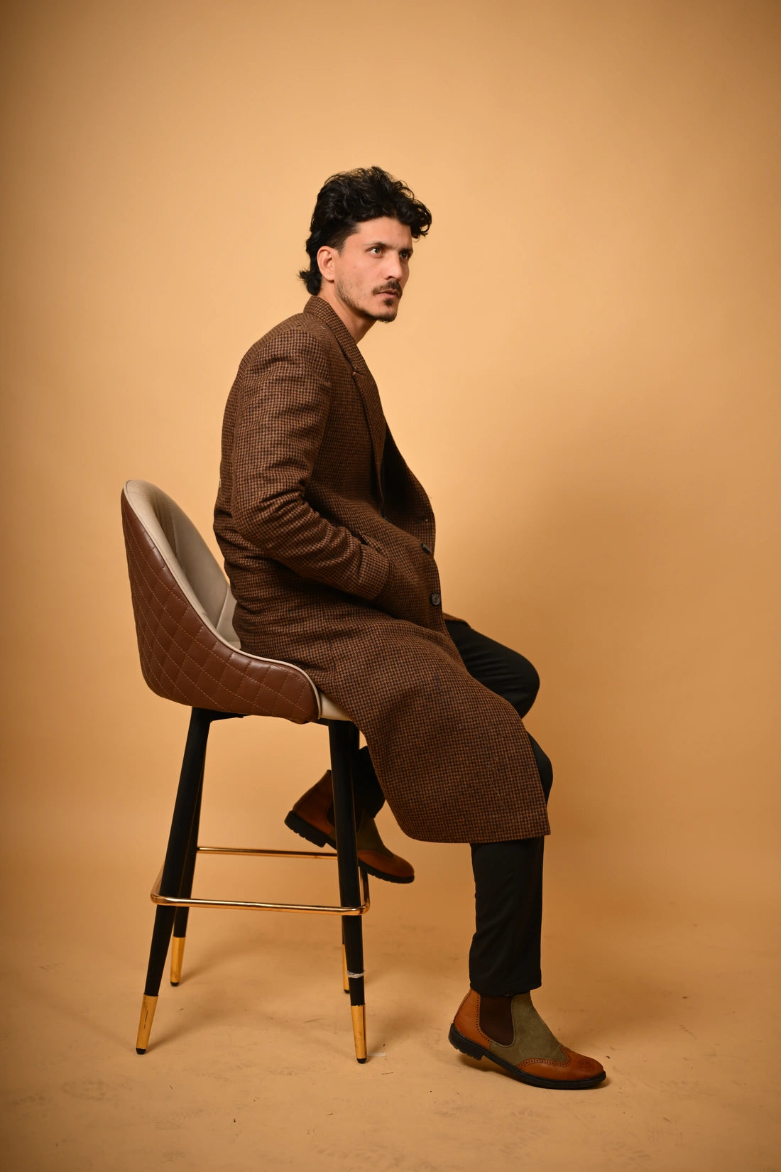 Coffee Brown Houndstooth Woollen Overcoat