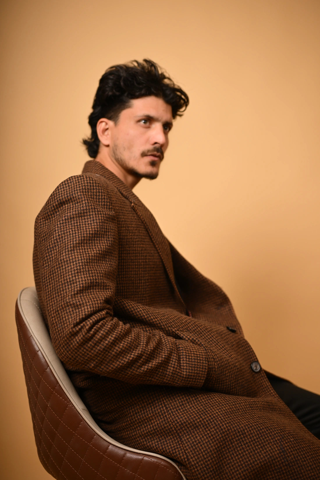 Coffee Brown Houndstooth Woollen Overcoat