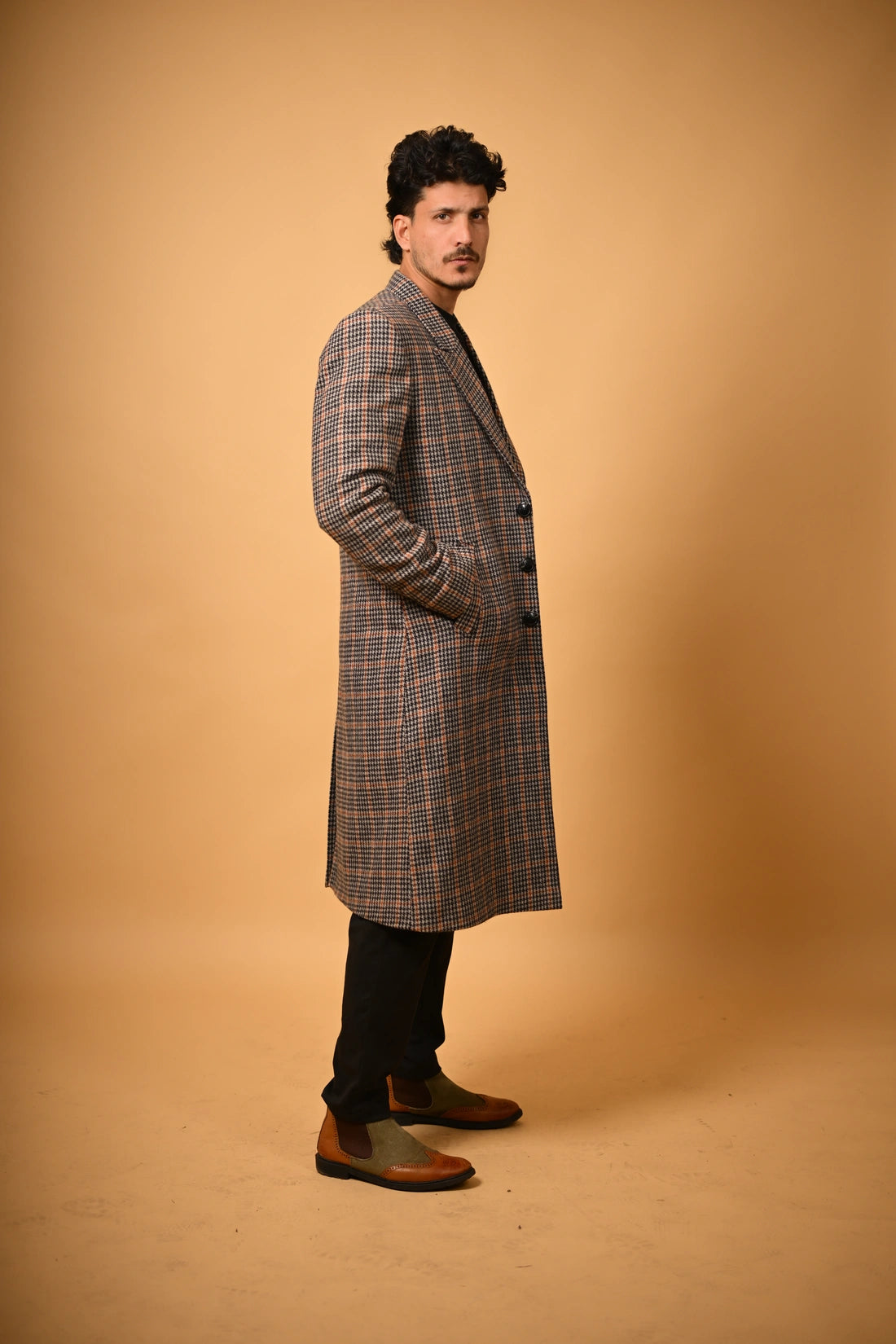 Brown With Black Glen Check  Woollen Overcoat