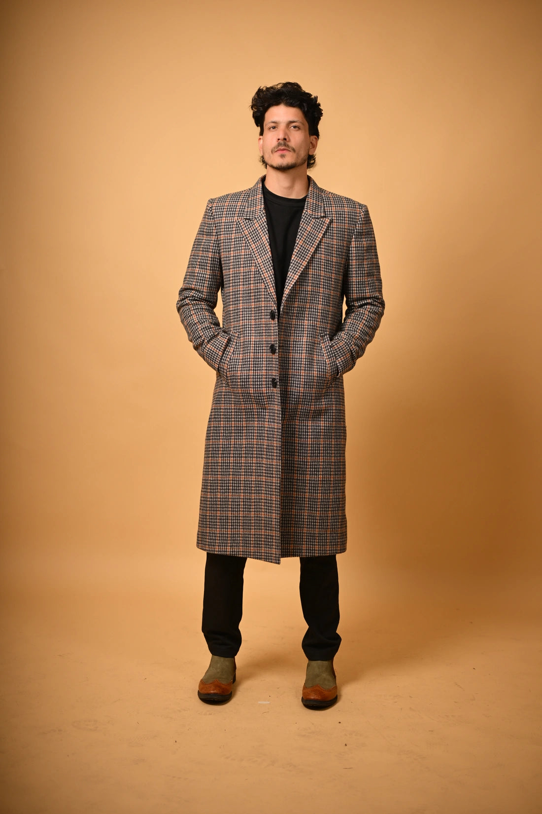 Brown With Black Glen Check  Woollen Overcoat