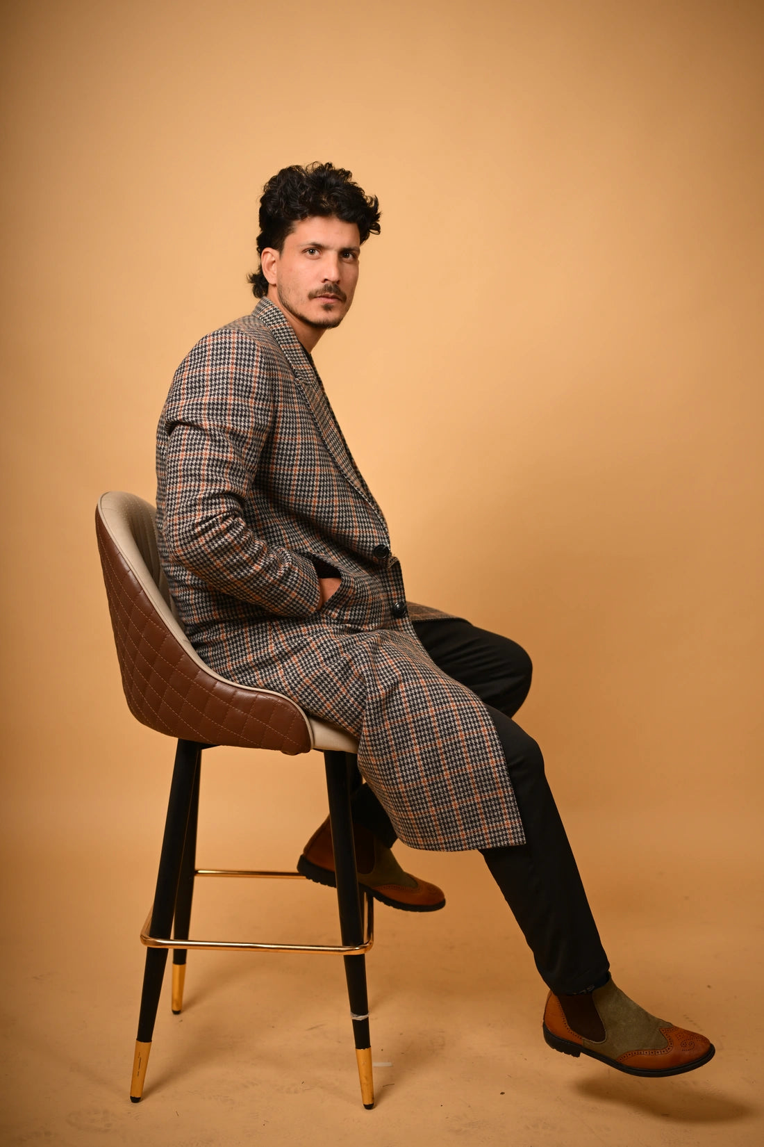 Brown With Black Glen Check  Woollen Overcoat