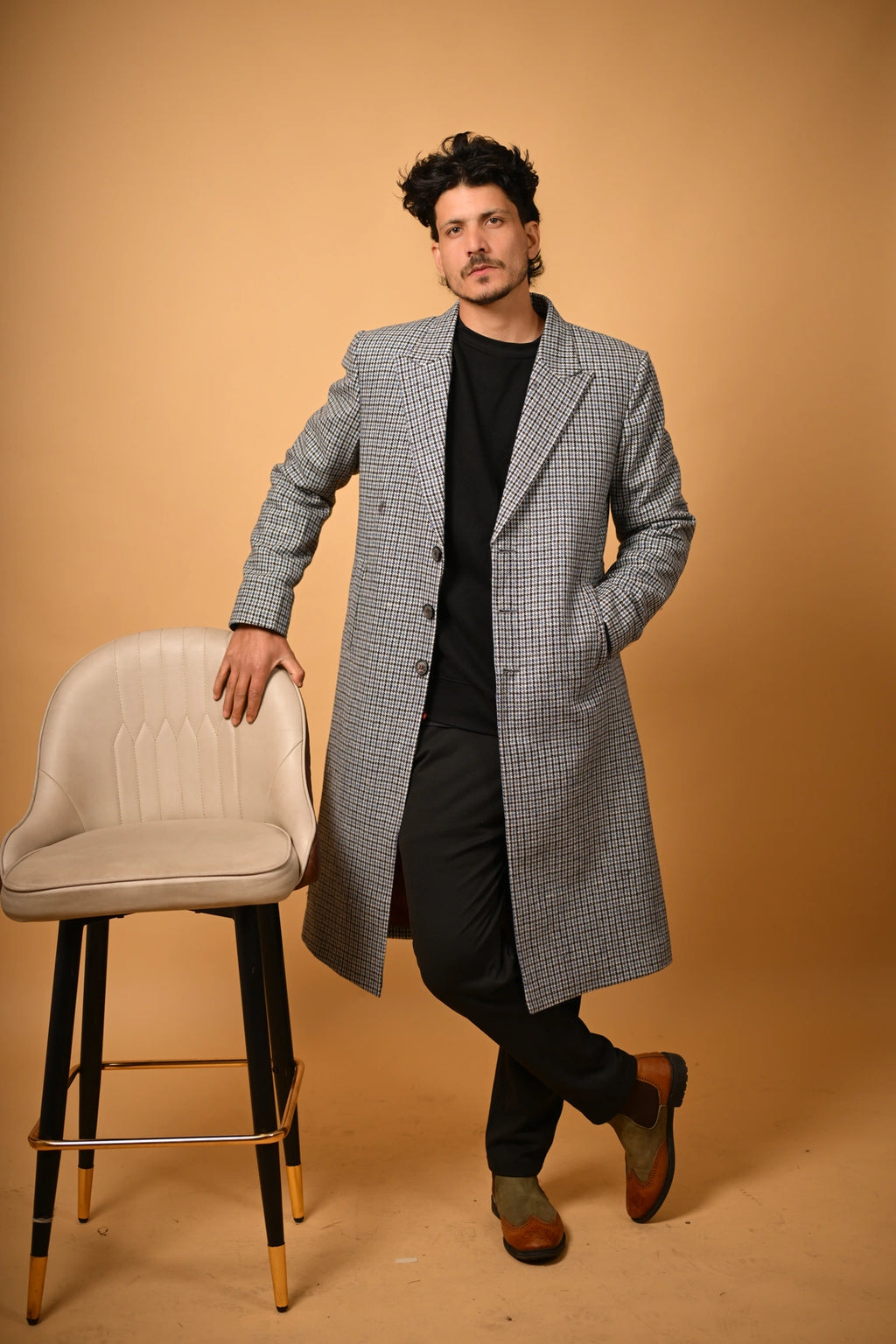 Sky Blue with Black Mini Check Woollen Overcoat for men 
