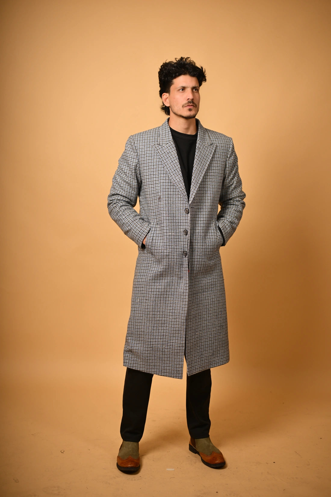 Sky Blue with Black Mini Check Woollen Overcoat