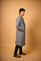 Sky Blue with Black Mini Check Woollen Overcoat
