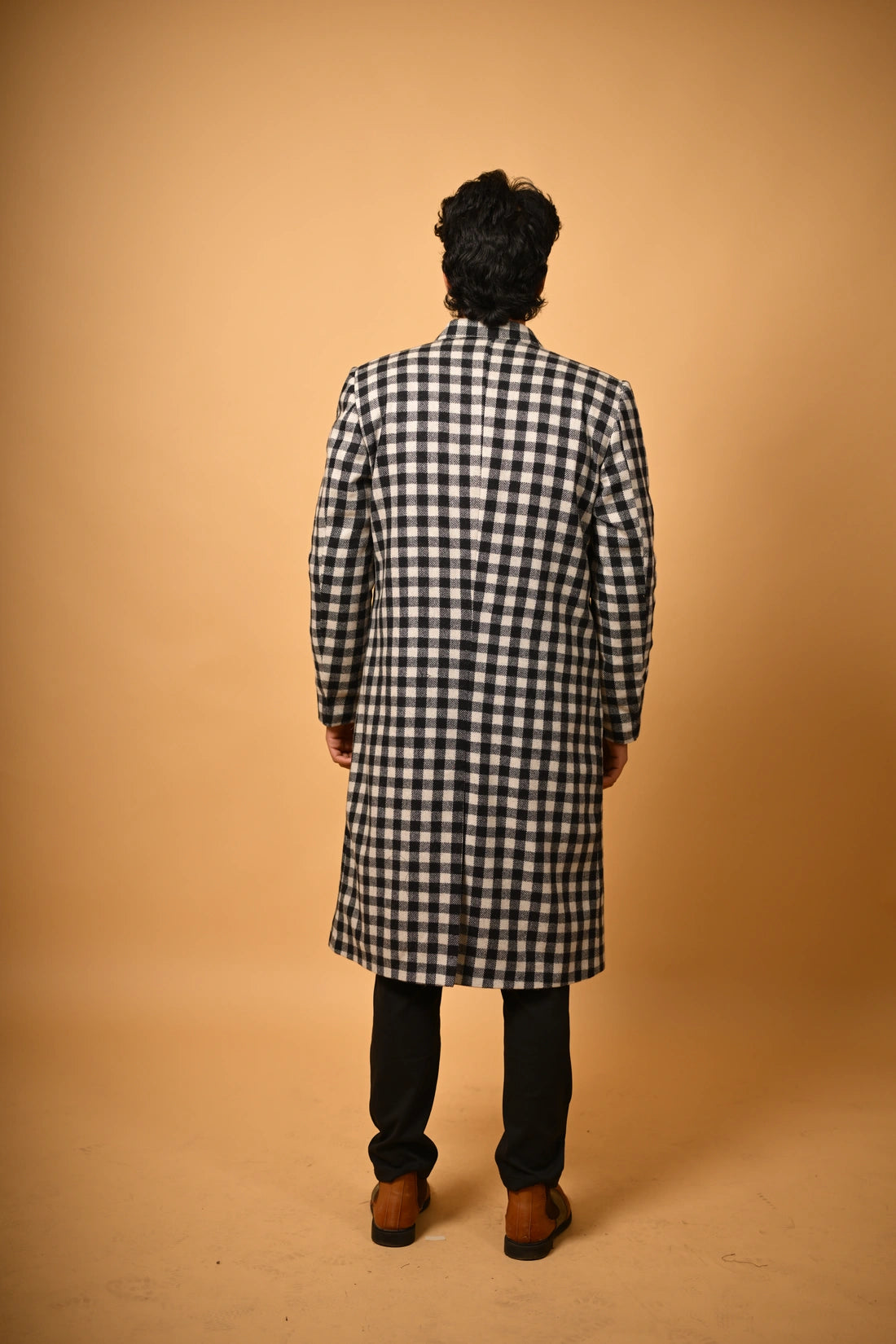Black with White Bold Check Woollen  Overcoat
