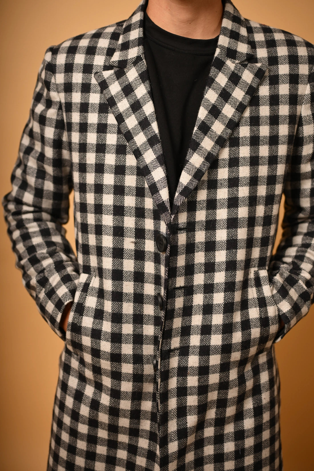 Black with White Bold Check Woollen  Overcoat