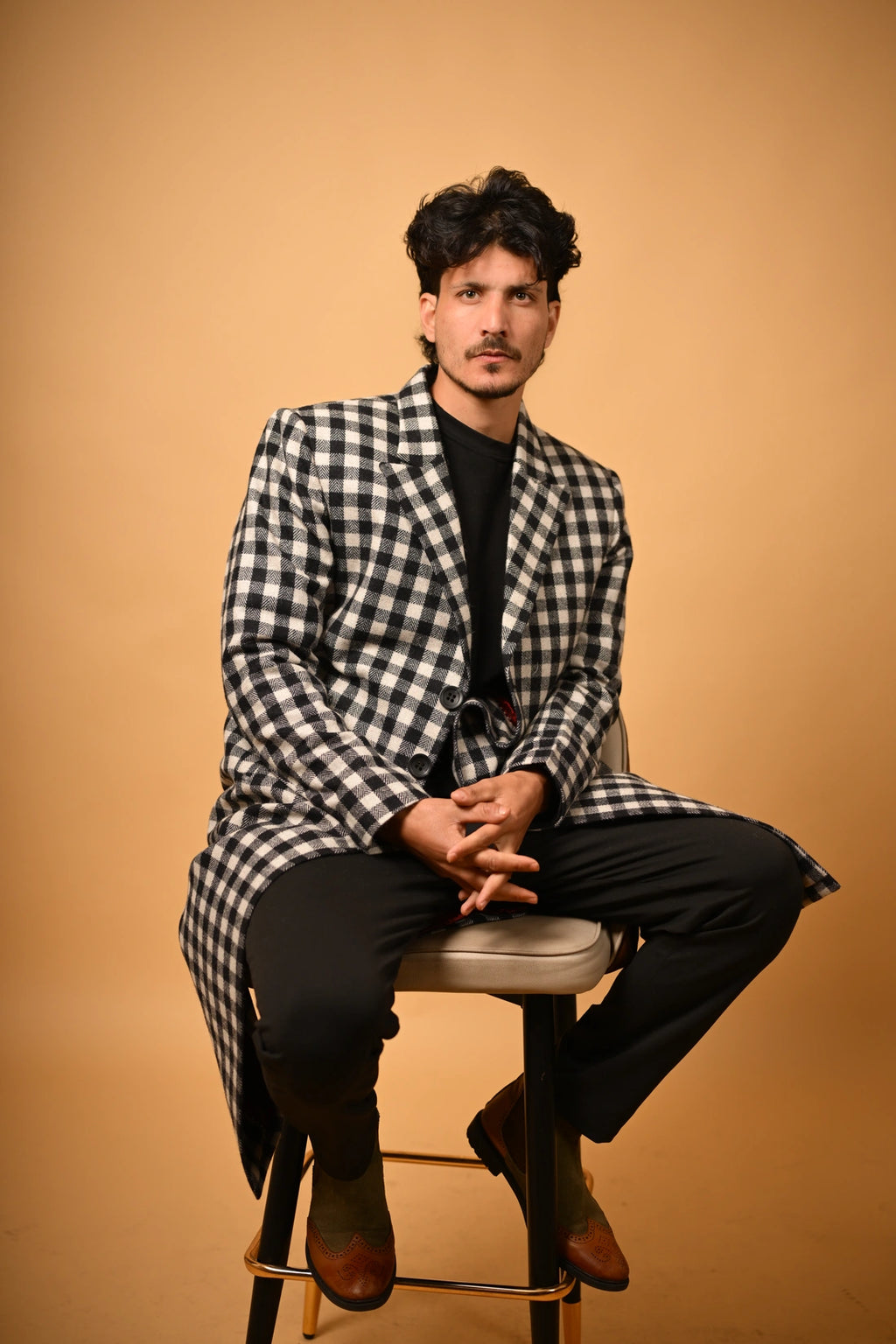 baraqah black and white check winter overcoat for men