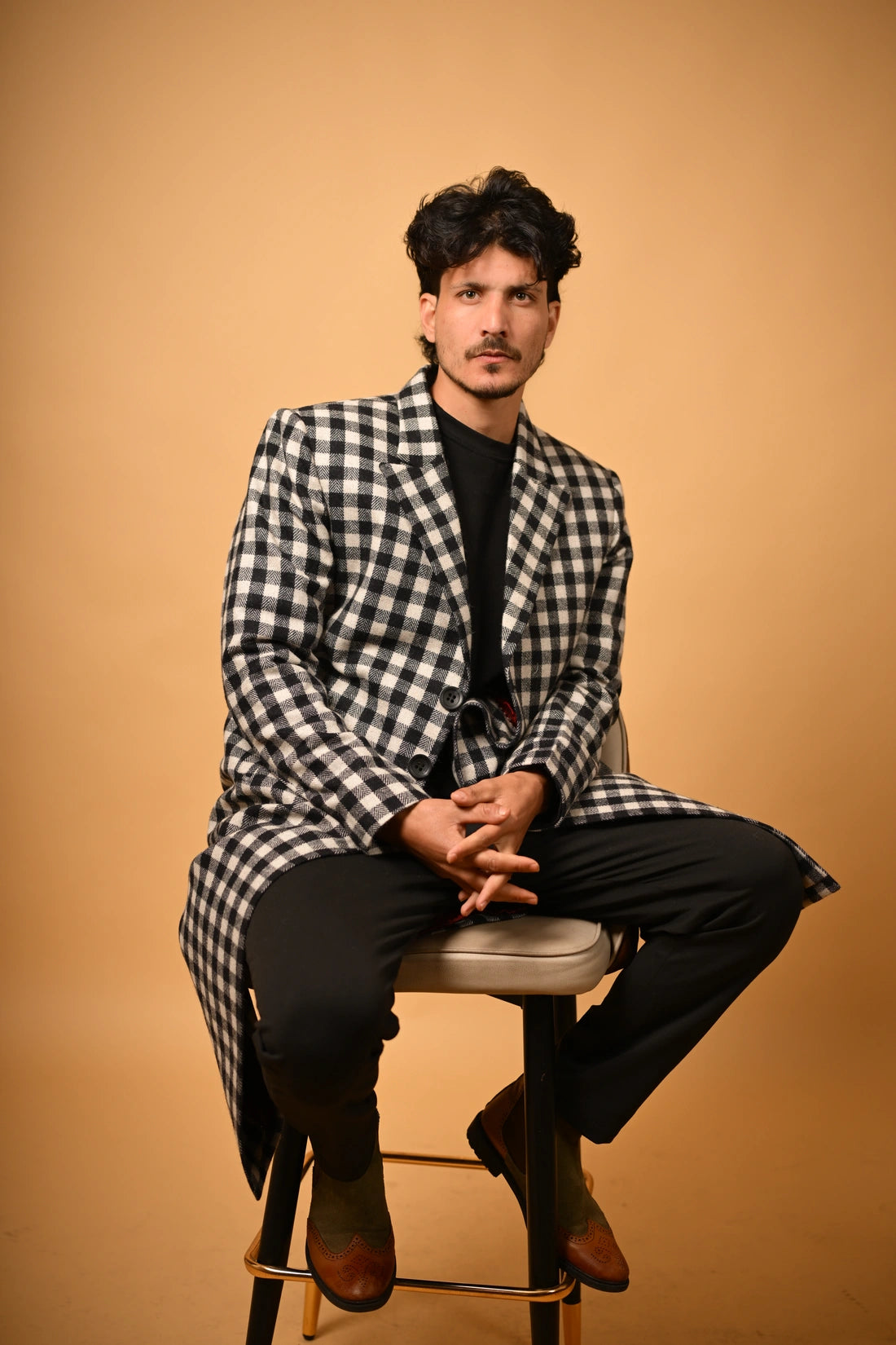 Black with White Bold Check Woollen  Overcoat