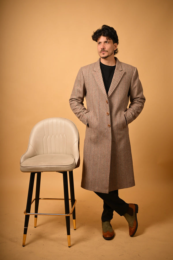 Warm Beige with Brown Pinstripes Woollen Overcoat