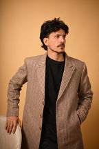 Warm Beige with Brown Pinstripes Woollen Overcoat