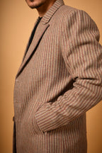 Warm Beige with Brown Pinstripes Woollen Overcoat