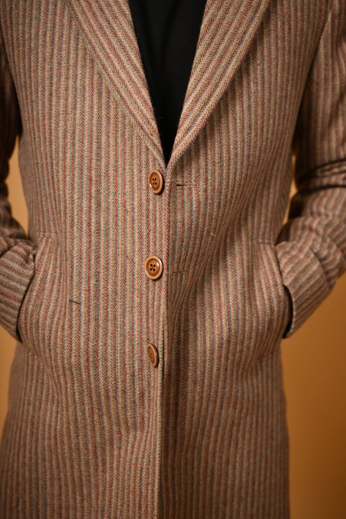 Warm Beige with Brown Pinstripes Woollen Overcoat