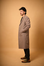 Warm Beige with Brown Pinstripes Woollen Overcoat
