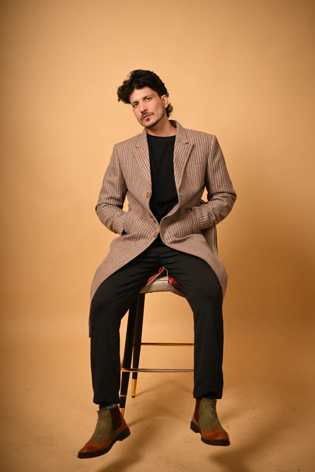 Warm Beige with Brown Pinstripes Woollen Overcoat