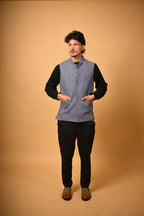 Dusty Blue with Tan Houndstooth Woollen Waistcoat