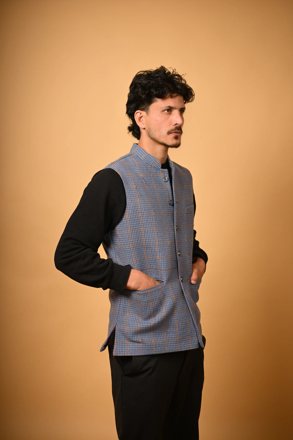 Dusty Blue with Tan Houndstooth Woollen Waistcoat