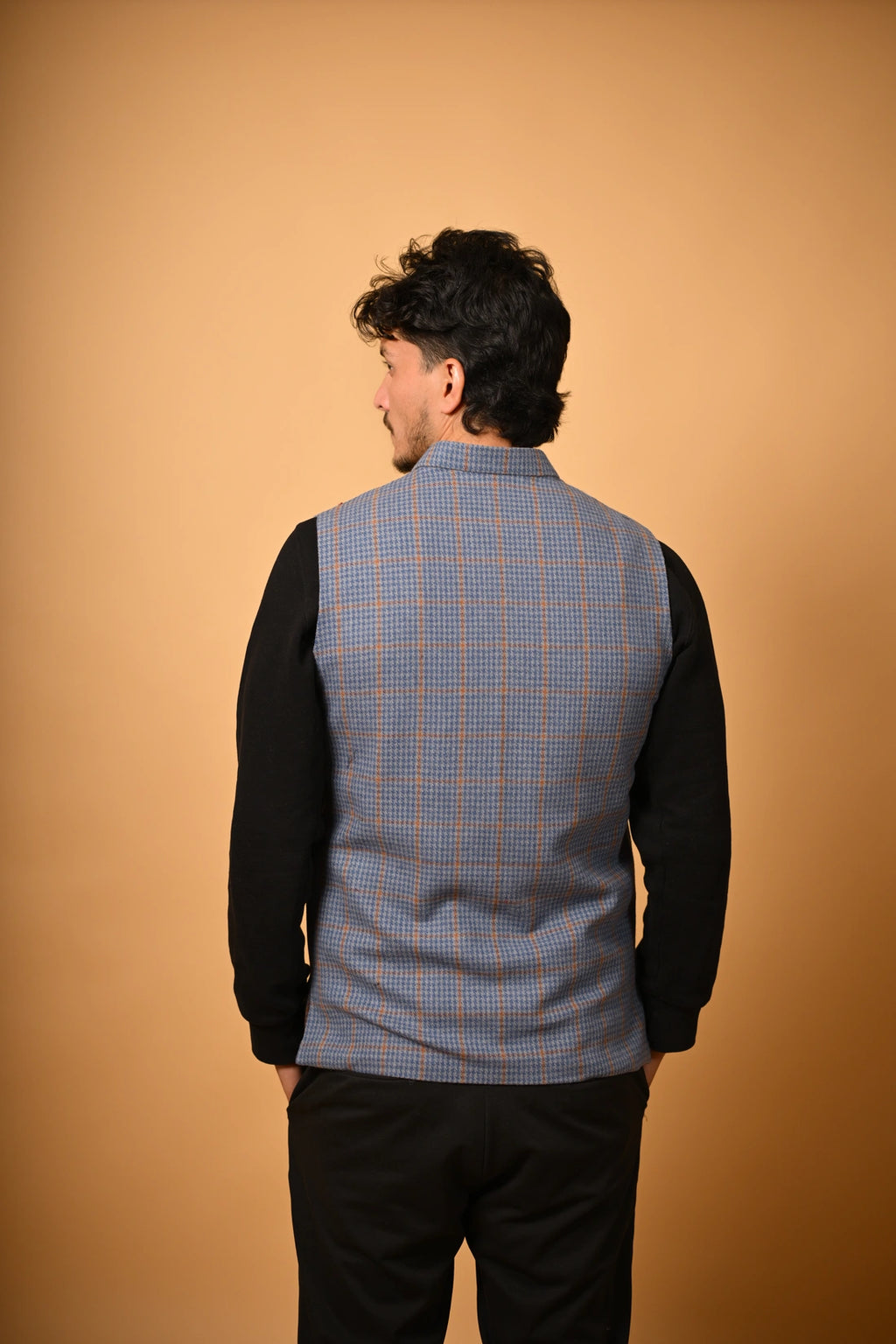 Dusty Blue with Tan Houndstooth Woollen Waistcoat