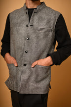 Grey With Black Mini Houndstooth Woollen Waistcoat