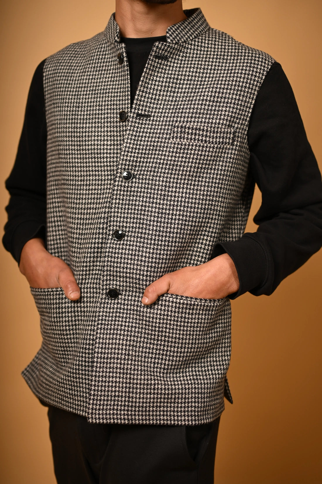 Grey With Black Mini Houndstooth Woollen Waistcoat