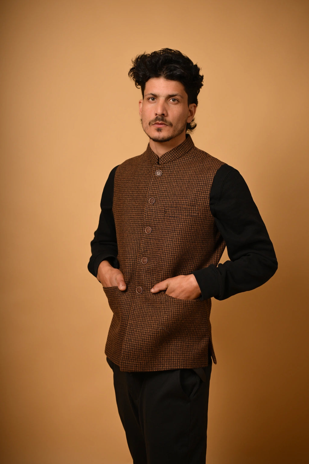 Coffee Brown Houndstooth Woollen Waistcoat for men 
