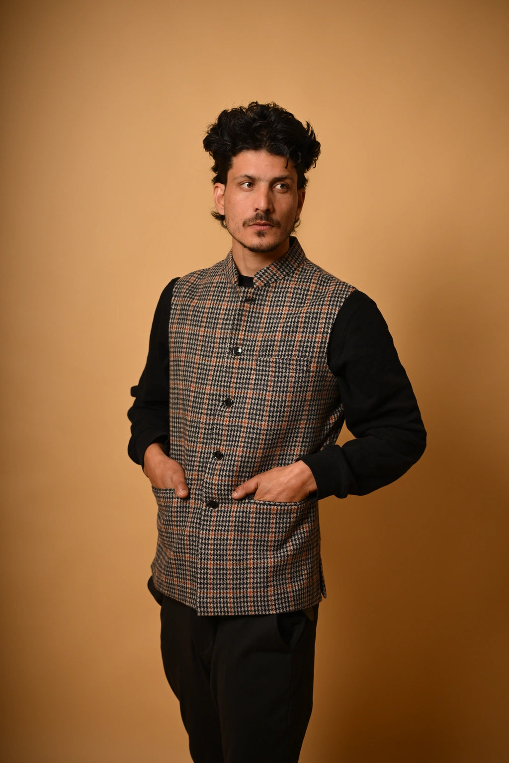 Brown with Black Glen Check Woollen Waistcoat