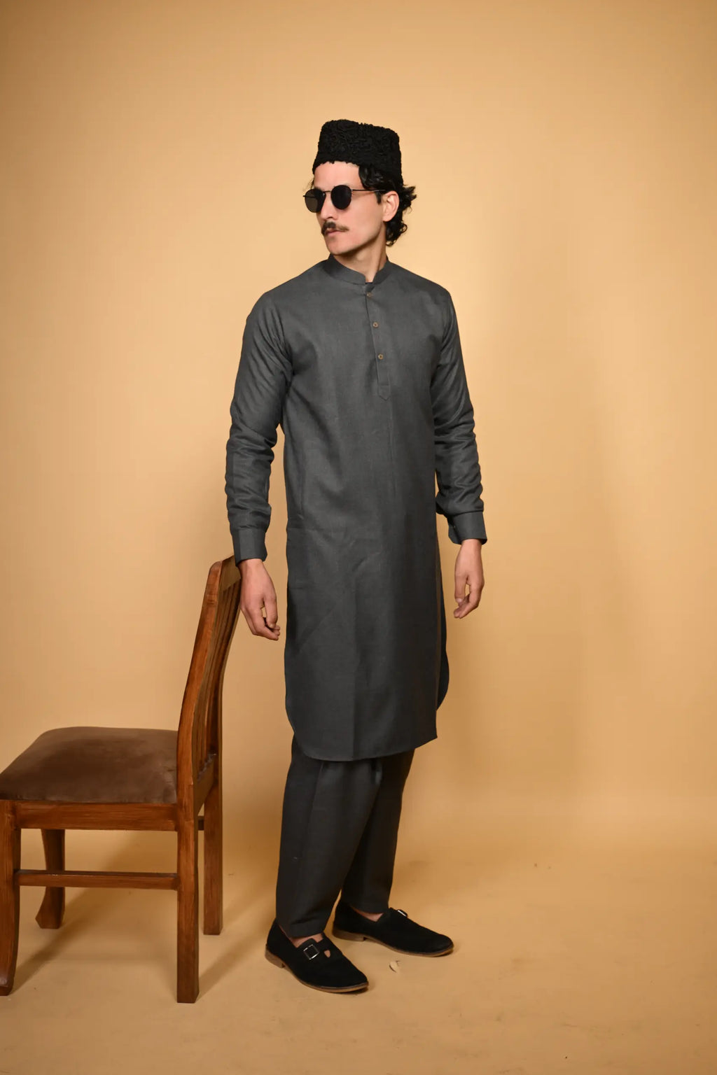 dark grey jackan winter kameez shalwaar for men