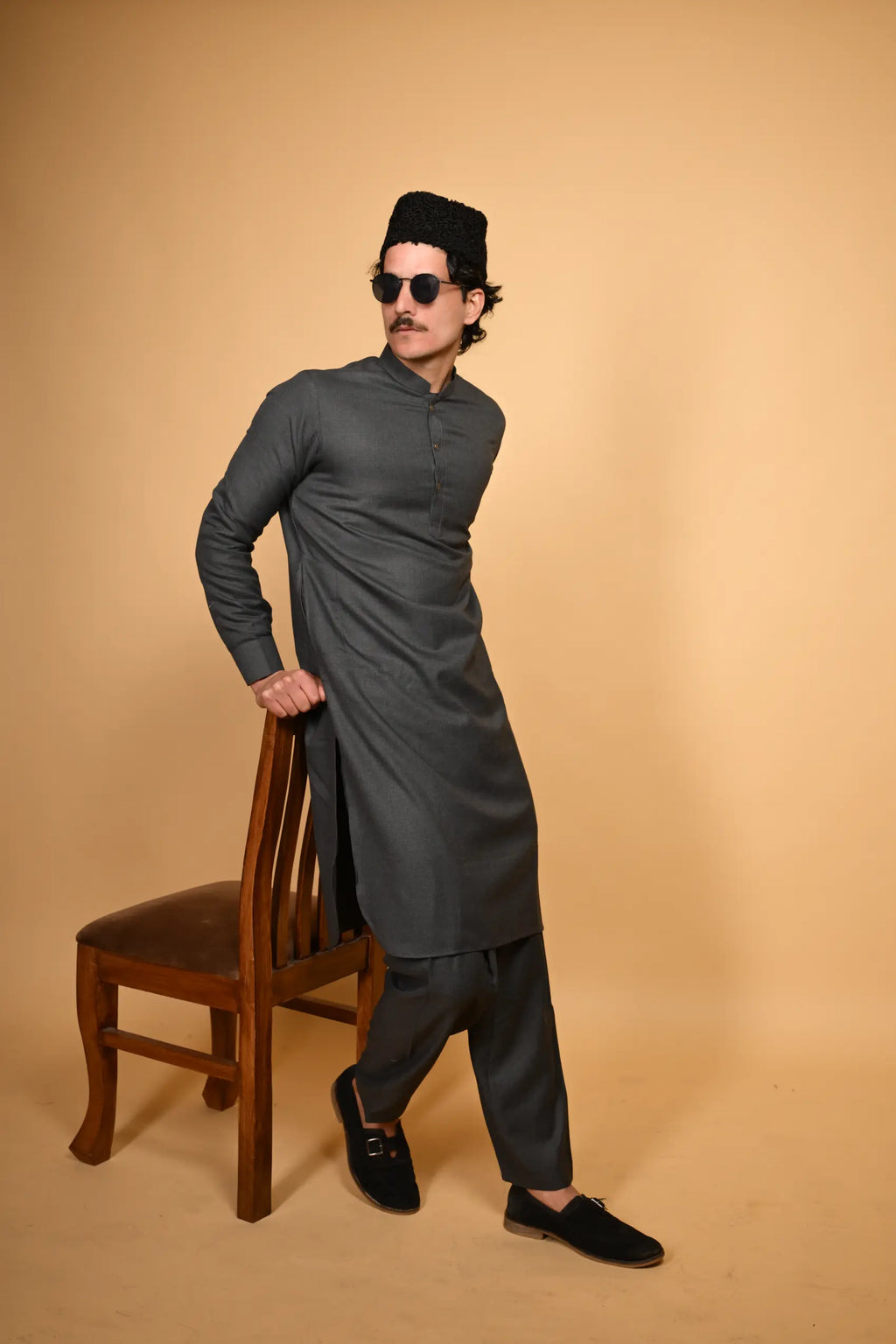 dark grey jackan winter kameez shalwaar for men
