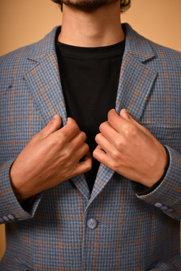Dusty Blue with Tan Houndstooth Blazer