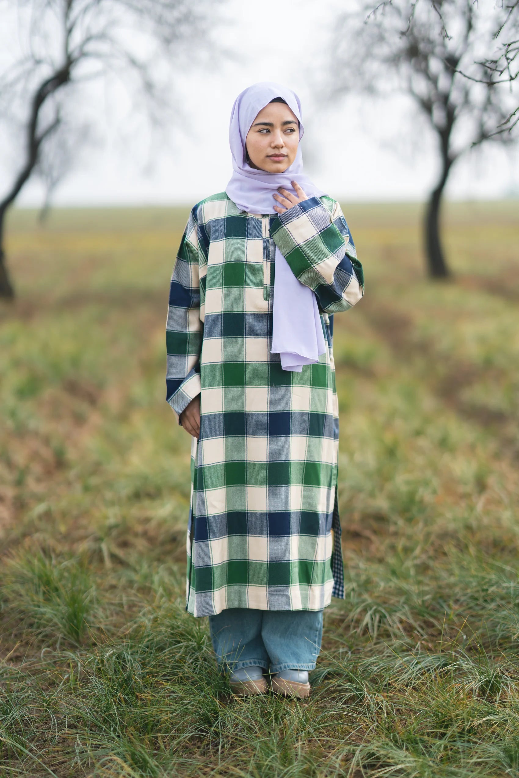 Soft Green Checked kashmiri Traditional female winter Pheran
