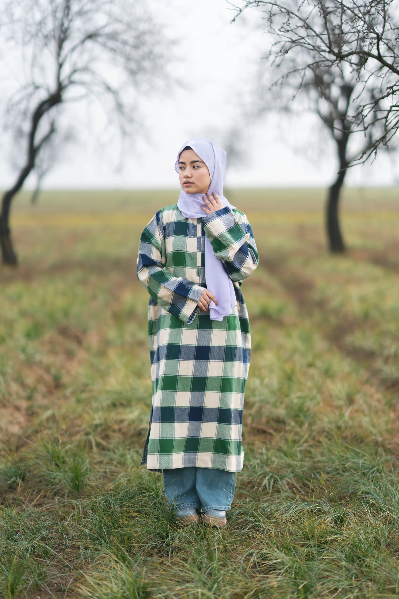Soft Green Checked kashmiri Traditional female winter Pheran
