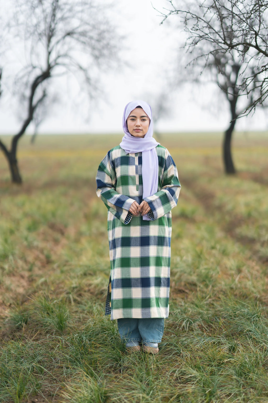 Soft Green Checked kashmiri Traditional female winter Pheran
