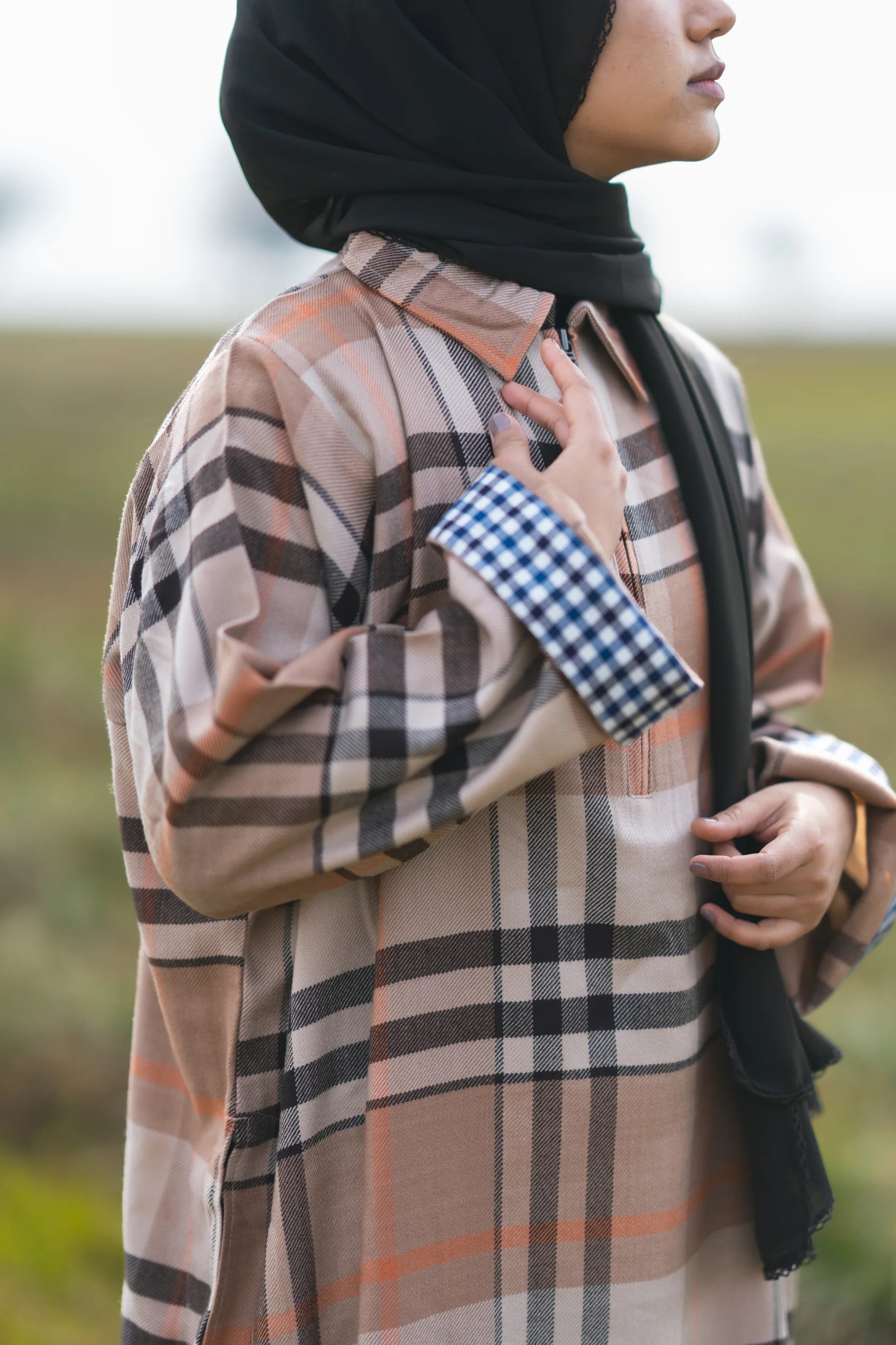 Light Almond Checked kashmiri Traditional female winter Pheran
